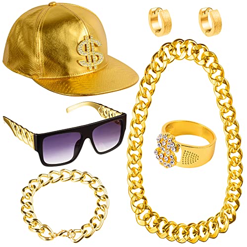 Peirich 80er Jahre 90er Jahre Kostüme Outfit für Männer Frauen, Hip Hop Kostüm Kit Metall Kette Flat Top Sonnenbrille Rapper Große Kette Halskette und Armband Hip Hop Gold Cap von Peirich