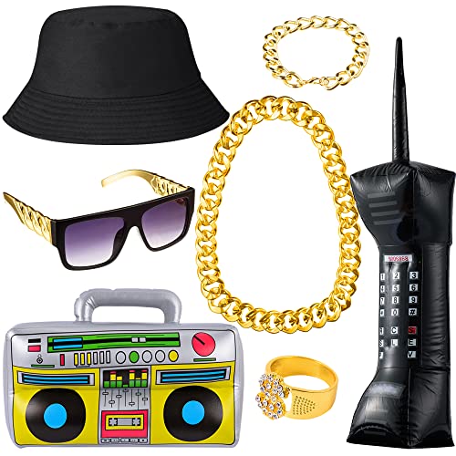 Peirich Jahre Rapper Hip Hop Kostüm Kit, 7Pack 80er/90er Jahre Party Zubehör Dekorationen Cosplay Requisiten 80er Jahre 90er Jahre Kostüme Outfit für Männer Frauen von Peirich