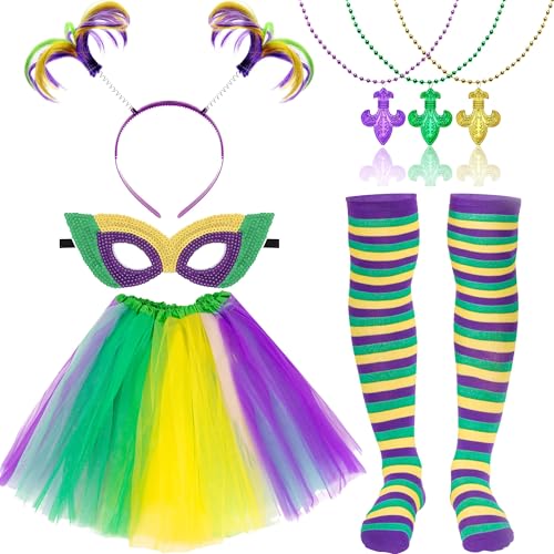 Peirich Mardi Gras Kostüm Zubehör Set für Frauen, beinhaltet geschichteten Tüll Tutu Rock, Pferdeschwanz Stirnband, Maske, Mardi Gras Perlen Halskette für 80er Jahre 90er Geburtstag Mardi Gras Party von Peirich