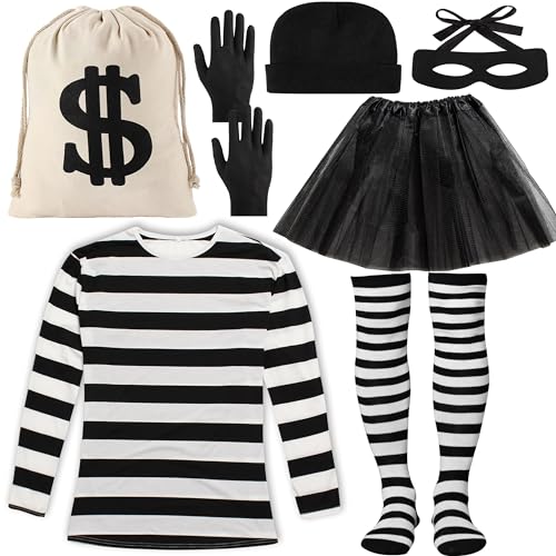 Peirich Räuber Kostüm Set, Schwarz & Weiß Gestreift T-Shirt Socken Tutu Rock Leinwand Dollar Zeichen Geld Taschen Knit Beanie Cap Einbrecher Augenmaske für Cosplay Einbrecher Mottoparty Verkleidung von Peirich