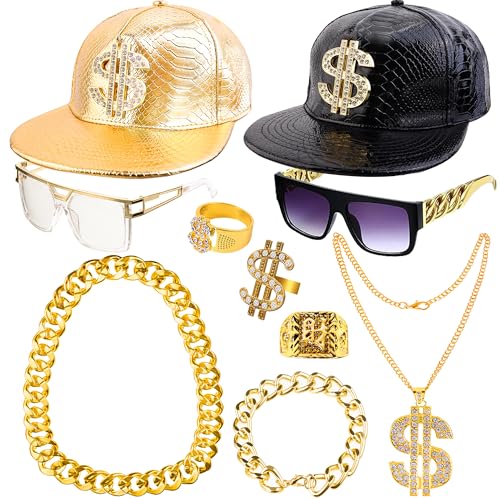 Peirich Rapper-Zubehör der 80er/90er Jahre für Rap-Konzerte, Hip Hop-Kostüm-Set, inklusive Sonnenbrille, Hip-Hop-Hut und Gold Dollarzeichen Halskette Armband Ring von Peirich