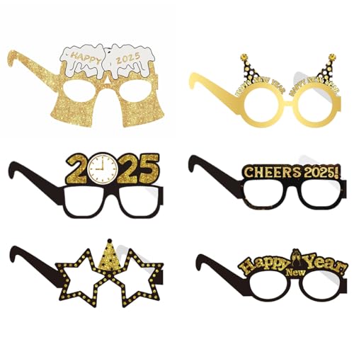 12 Stücke Silvester Deko 2025 Party Brillen Frohes Neues Jahr Brillen,2025 Neujahr Deko Glitzern Schwarz Gold Papier 3D Brille Kindergeburtstag Party Foto Requisiten for Silvester Party Dekoration von Pejlnd