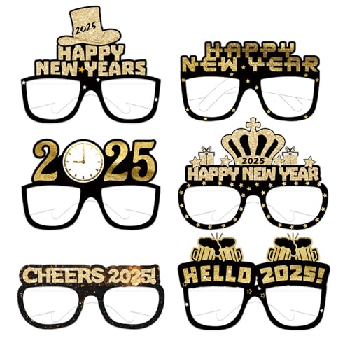 6 Stücke Silvester Deko 2025 Partybrillen,Silvester Brille Happy New Year 2025 Neujahr Deko Glitzern Schwarz Gold Papier Brille Party Foto Requisiten for Kinder Erwachsene Silvester Party Zubehör von Pejlnd