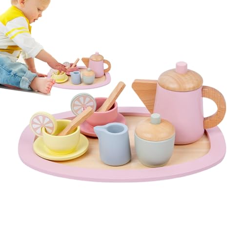 Penlimly Kinder Nachmittagstee Set, Holztee -Partys Set,Hölzerne Teekannenbecher Löffel Kuchen Time Playset Partys Set - Wiederverwendbares Täuschung Spielen Essen, tragbare Handübungsspielzeug für von Penlimly