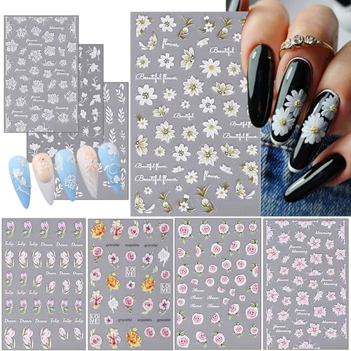 Penubuy 8 Selbstklebende Nagelaufkleber, 5D Dreidimensional Gravierte Blume Gänseblümchen Rose Nagel Aufkleber, Nageldesign Zubehör von Penubuy