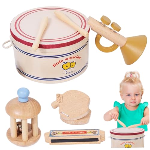 Babyinstrumente, Baby -Musikinstrumente 5pcs/Set Educational Hölzerner Kleinkind -Musikinstrumente umfassen Trommel, Rassel, Trompete, Mundharmonika & Castanets, Musikspielzeug für Home, Kleinkindins von Peosaard