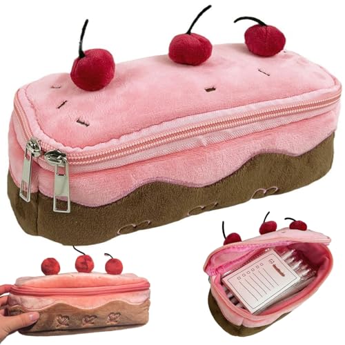 Cherry Cake Bleistift Gehäuse 8 x 2 x 3 Großkapazität Stifthalter Doppel-Rabel-Plüsch-Bleistiftbeutel süßer ästhetischer Stiftkoffer Weicher Kosmetikbeutel für Teenager, Mädchen und Frauen süße Bleis von Peosaard