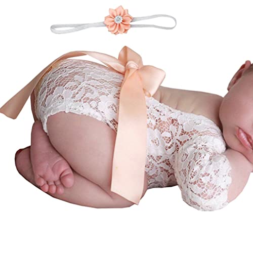 Neugeborene Kleidung Fotoshooting Spitze Strampler Baby Girls Photography Requisiten BodySuit Strampler Stirnband Outfits Pink, Fotoshooting Spitze Strampler von Peosaard