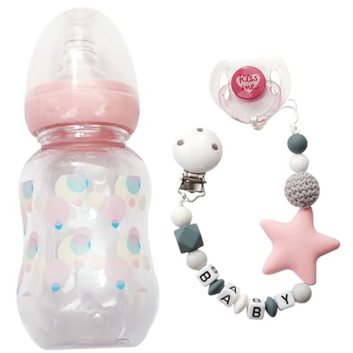 Peosaard Babypuppenflasche und magnetisches Schnuller, 3PCS Reborn BabysDoll Accessoires mit Milchflasche, Schnuller und Schnullerkette zur Förderung der Entwicklungsfähigkeiten von Peosaard