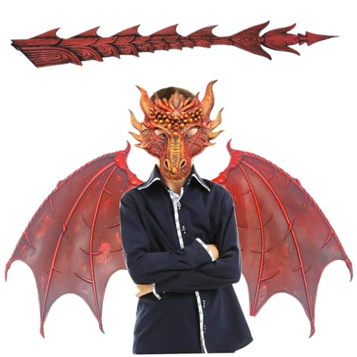 Peosaard Dragon Kostüm für Kinder, böse Dragon Mask Wing Tail Set, Halloween Dragon Cosplay -Set, Foam Foldable Halloween Kostüme für Jungen Mädchen, rot von Peosaard