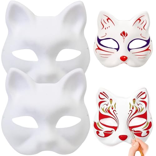 Peosaard Fox Maske, Katzenmaske 2pcs 7 x 6.7 White Paper Fox Maske DIY Paint Blindmaske Halbgesicht Tiermaske Dress Up Masquerade Maske Partyzubehör für Carnival Cosplay Dance, Cosplay -Maske von Peosaard