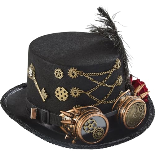 Peosaard Frauen Männer Steampunk-Top-Hüte, gruseliger Halloween-Hut mit Schutzbrillen, roten Rosen, Zahnrädern, Kettenkopf-Kopfstücke für 22-23 Kopf passen für 22-23 Kopf von Peosaard