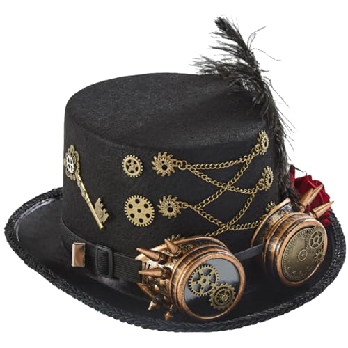 Peosaard Frauenmänner Steampunk -Top -Hüte, viktorianische Schleierfedern Hut, Halloween -Top -Hut mit Schutzbrillen, roten Rosen, Zahnrädern, Kettenkopf Kopfstück von Peosaard