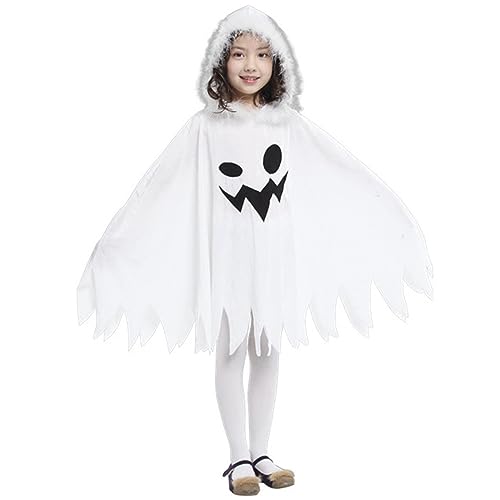 Peosaard Ghost-Kostüm für Kinder, gruseliges Halloween-Kostüm, Hof-Print Halloween Ghost Cape für Cosplay-Rollenspielstufe für 120-130 cm Kinder von Peosaard