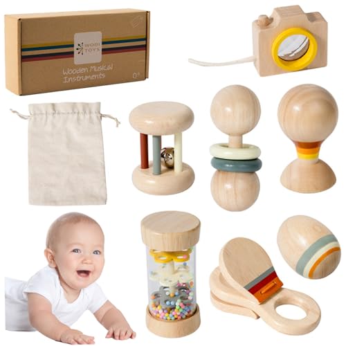 Peosaard Holzbabyrassel, 7pcs Bio natürliche Baby -Rassel mit Regenstift, Handglocke, Sandball und mehr, Montessori Holzrassel für Jungens & Mädchen Geburtstag von Peosaard