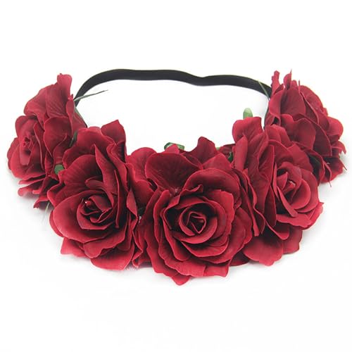 Peosaard Rose Blumenkrone, rotes Rose -Stirnband für Frauen 20 Zoll realistische Rosenkrone mit 5 Stoff Rose Romantische Exquisite Rose Kopfstück für Hochzeit, Dress Up, Rose Crown von Peosaard