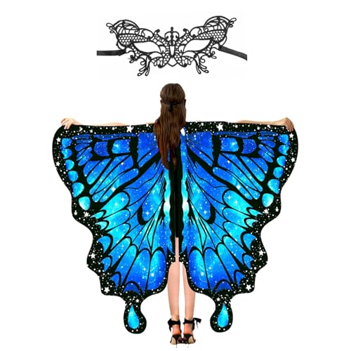 Peosaard Schmetterling Erwachsener Schmetterlingsschalkap mit Spitze Augenmaske Schmetterling Kostüme Kostüme für Halloween -Kostüme Blau, Schmetterling Erwachsener von Peosaard