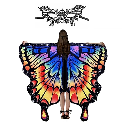 Peosaard Schmetterling Erwachsener Schmetterlingsschalkap mit Spitze Augenmaske Schmetterling Kostüme Kostüme für Halloween -Kostüme Buntes Schmetterling Erwachsener von Peosaard