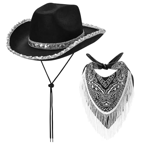 Schwarzer Cowboyhut, Cowboyhut und Bandana 2pcs/Set Black Cowboy Hut und Halskarf mit Fringe Glitter Cowboy Hat Bandana Cowboy Accessoires für Cosplay -Kostüm, Cowboyhüte für Frauen von Peosaard