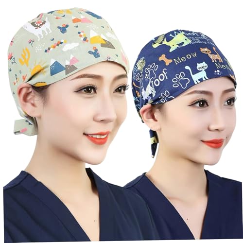 Scrub Caps 2pcs Tiermuster Scrub Caps mit Schweißtuch Weiche Baumwolle Pflegehut mit verstellbarem Riemen und Knopf Cartoon Chirurgische Kappe Krankenschwester Ponytailhalter für Arbeit, Krankenpfleg von Peosaard