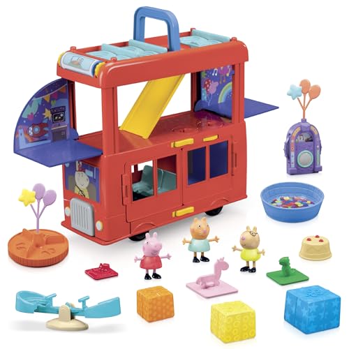 Peppa Pig Peppas 2-in-1 Party Bus Playset, Spielzeugauto mit vielen Accessoires und 3 beweglichen Figuren, Doppeldeckerbus zum Öffnen, für Kinder ab 3 Jahren von Peppa Pig