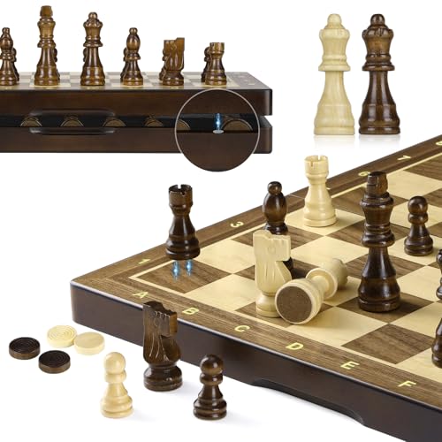 Peradix 2 In 1 Magnetisch Schachspiel aus Holz,38CM Magnetisch Schachbrett/ 2 Extra Queens,Schachspiel Hochwertig, Riesenschach Chess & Checkers Set von Peradix