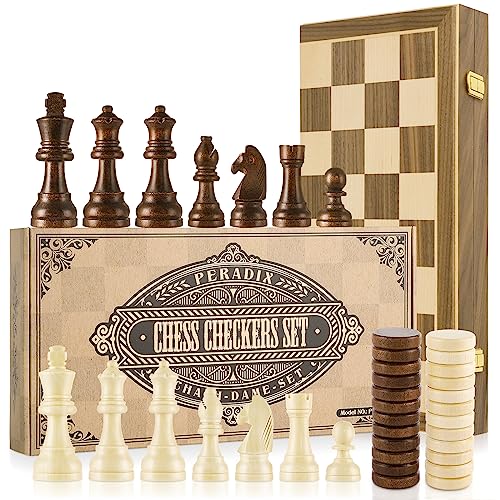Peradix 2 in 1 Schach und Dame Spiel aus Walnußholz Holz - 39x39CM Klappbar Schachbrett Magnetisch Handgefertigt Schach mit groß Schachfiguren Spielzeug und Geschenk für Kinder von Peradix