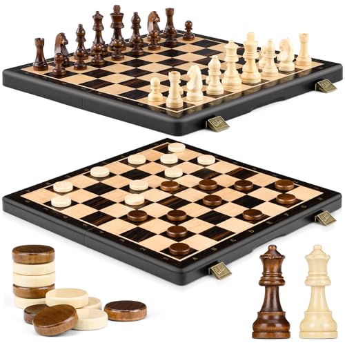 Peradix 38CM Schachspiel Holz Hochwertig - 2 In 1 Magnetisch Schachbrett Holz, Reiseschach für Kinder und Erwachsene, Naturholzfarben, Schachspiel & Checkers Set von Peradix