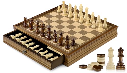 Peradix Schach Dame Spiel 2 in 1 Magnetisch Schachspiel aus Walnußholz Holz, 32x32 cm Schachbrett mit Aufbewahrungsschublade und 2 Queen-Stücke, Spielzeug und Geschenk für Kinder von Peradix