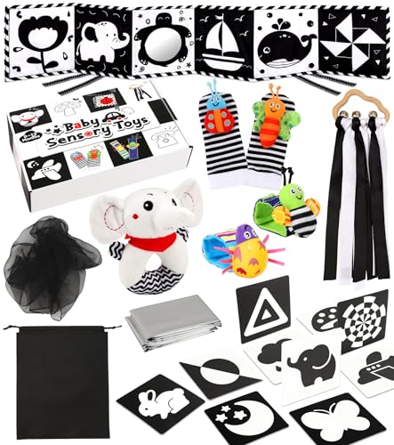 31 PCS Baby Sensory Set, Schwarz Weiß Spielzeug, Kontrastbuch, Rasseln für Babys von Perbabe