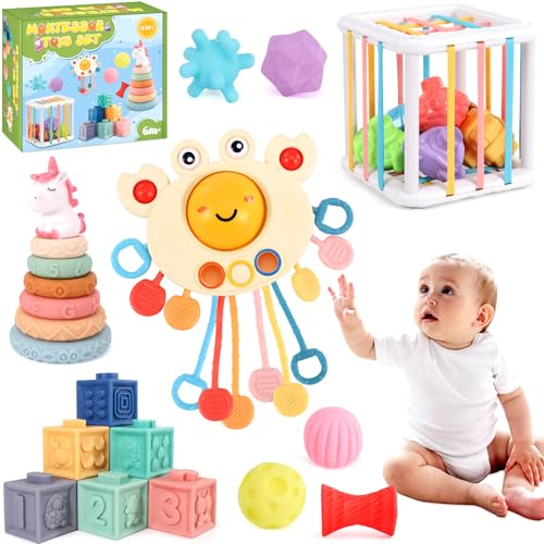 Baby Spielzeug für 6 bis 36 Monate, Montessori Spielzeug für Babys, 5 in 1 Feinmotorik Sensorisches Spielzeug, Stapelspielzeug Blöcken und Ringen, Zugschnur Spielzeug von Perbabe