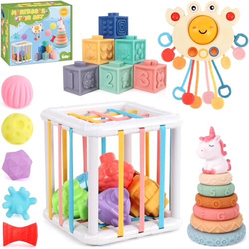 Baby Spielzeug für 6 bis 36 Monate, Montessori Spielzeug für Babys, 5 in 1 Feinmotorik Sensorisches Spielzeug, Stapelspielzeug Blöcken und Ringen, Zugschnur Spielzeug von Perbabe