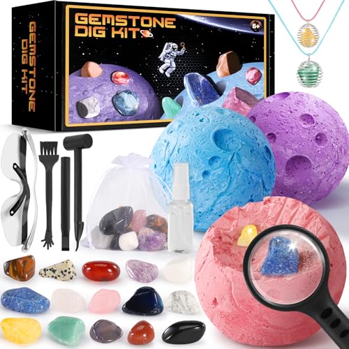 Perbabe Ausgrabungsset für Kinder, Halskette Herstellen mit Natürliche Edelsteine und Kristalle Fossilien Ausgrabungsset Kinder STEM Mineralogie Spielzeug Planeten Geschenk für ab 6 7 8 9 10+ von Perbabe