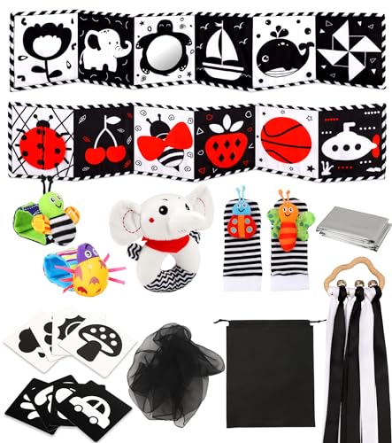 Perbabe Kontrastbuch Baby, 31 PCS Schwarz Weiß Spielzeug Baby 0 3 6 12 Monate Neugeborenen Spielzeug, Schwarz Rot Baby Stoffbuch mit Spiegeln, Kontrastkarten Baby, Baby Geschenk von Perbabe