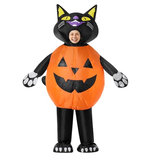 Percozzi Aufblasbares Katzenkostüm Erwachsene, Kürbis Schwarze Katze Blow Up Kostüme Ganzkörper Design Lustig Halloween Cosplay Unisex Damen Herren von Percozzi