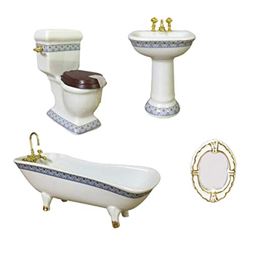 4pcs 1/12 Puppenhaus Badezimmermöbel Set. Keramik Toliet + Badewanne + Handwaschbecken + Spiegel von Perfeclan