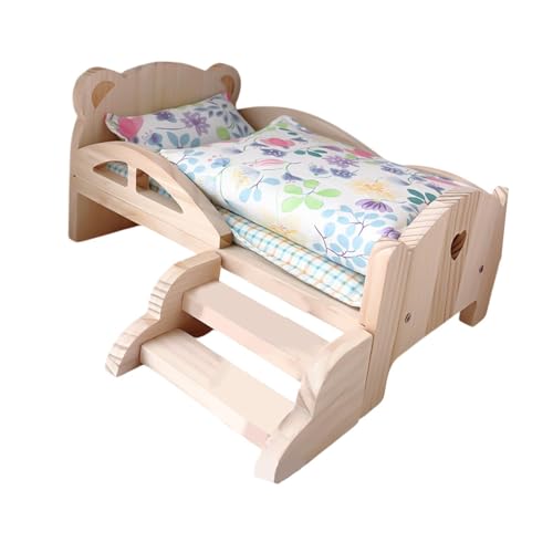 Perfeclan 1/12 Holz Puppe Miniatur Bett Holz möbel Niedliche Entwicklungs Spielzeug Simulation für Puppenhaus Dekoration Mädchen Urlaubs Geschenk, Blumen-bettwäsche-Set von Perfeclan