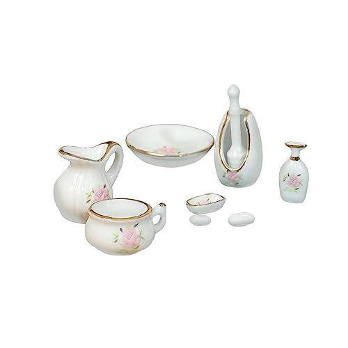 Perfeclan 1/12 Miniatur-Spielset zum Basteln, Porzellanmöbel, Mini-Töpfe und -Tasse, Blumenvase, Seife, Seifenschale, Toilettenbürste und -Halter sowie von Perfeclan