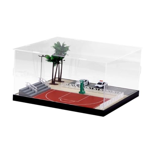 Perfeclan 1/64 Autovitrine, Schaukasten mit Basketballplatz-Szene, kreativ, Schutz mit Parkplatzszene für Sammler von Druckgussautos von Perfeclan