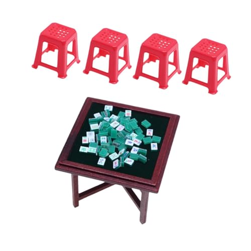 Perfeclan 1:12 Miniatur-Mahjong-Set, Miniatur-Mahjong-Tischset, tragbares Mahjong-Zubehör aus Holz, Puppenhaus-Mahjong-Möbelmodell, Mahjong Tischstuhl von Perfeclan