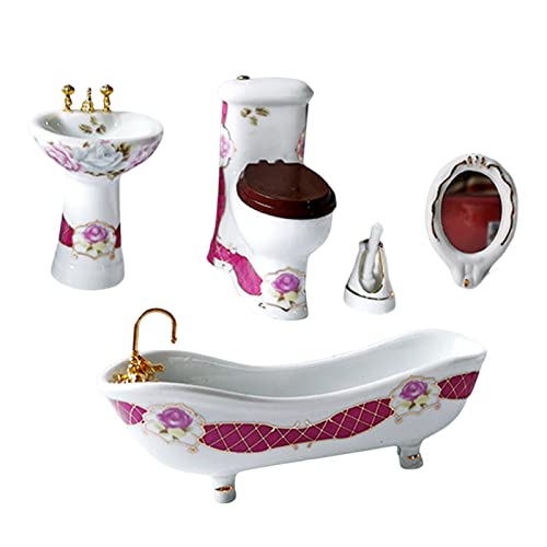 Perfeclan 1:12 Puppenhaus Miniatur Badezimmer Set Keramik Toilettenbecken Badewanne Spiegel Miniaturmöbel Puppenzubehör für Badezimmer, weiß und Rot von Perfeclan