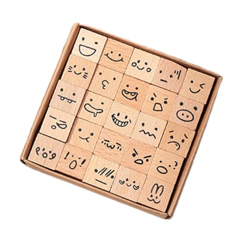 Perfeclan 25 Stück Holzstempel, Holzstempel mit Aufbewahrungsbox, DIY-Tagebuch-Stempelset für Scrapbooking-Zubehör, Happy Planner-Tagebücher, Emoji von Perfeclan