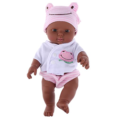 Perfeclan 30 cm Afrikanische Babypuppe mit Schlafaugen & Kleidung,Realistische Weichkörperpuppe, Abwaschbar, Lernspielzeug für Kinder ab 3 Jahren, Rosa von Perfeclan