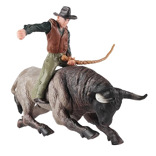Perfeclan Cowboy mit Stier-Figur, Miniatur-Rinderreitfigur, Rollenspiel-realistische Bauernhof-Kuh-Figur für Feengarten-Architekturmodell, Grauer Bullenangriff von Perfeclan