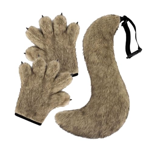 Perfeclan Halloween Wolfspfoten-Handschuhe und Schwanz-Set, Tier-Cosplay-Zubehör für Festivals, Leichter Kaffee von Perfeclan