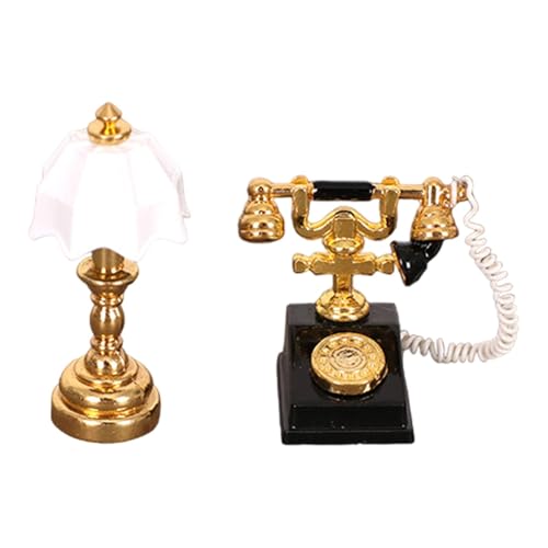 Perfeclan Puppenhaus Miniatur Lampe und Wählscheiben Telefon Set,Mini Tischlampe,1:12,Wählscheiben Telefon Dekoration für Diorama,Puppenhaus Ornament, Schwarz-Weiss von Perfeclan