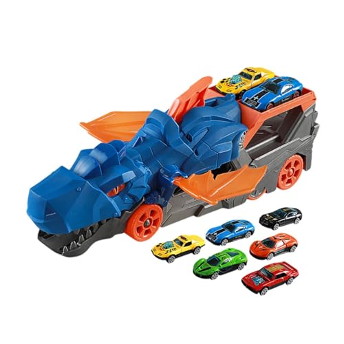 Perfeclan Spielzeugauto-Schienenset, Dinosaurier-Transport-LKW, Spielzeug für Kleinkinder, Autospielzeug, Dinosaurier-Startfahrzeug, Spielset für die Vorschule, Blau mit 6 Autos von Perfeclan