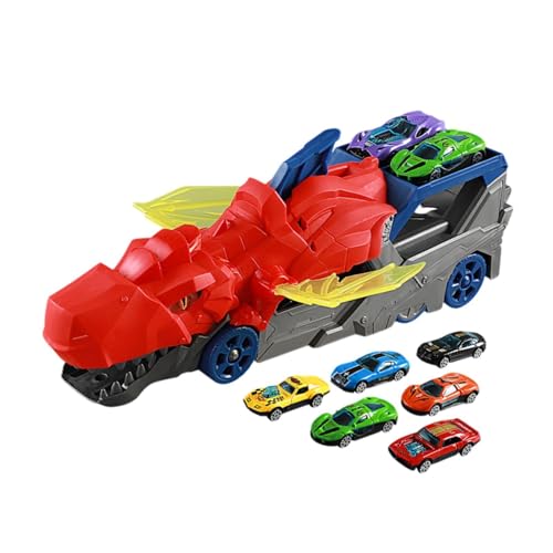 Perfeclan Spielzeugauto-Schienenset, Dinosaurier-Transport-LKW, Spielzeug für Kleinkinder, Autospielzeug, Dinosaurier-Startfahrzeug, Spielset für die Vorschule, Rot mit 6 Autos von Perfeclan