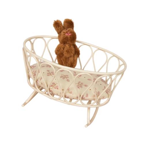 perfeclan Mini-Metallbett mit Matratze und Hasenspielzeug, 1/12 Puppenhaus-Babypuppenbett, Puppenhaus-Kinderbettbett, Rollenspielspielzeug, Brauner Hase von Perfeclan