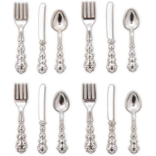 1/12 Scale Dolls House Miniatur Bastlery Set Fork Löffel Silber Puppenhaus Küchenzubehör, Silber 12pcs. von Pesoncarl